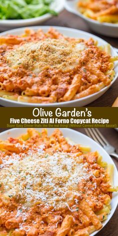 two pictures of different types of pasta on plates with sauce and parmesan cheese