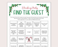 christmas party find the guest game with candy canes and holly wreath on it,