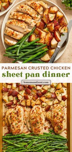 chicken, green beans and potatoes in a pan with the title text overlay reads parmesan crusted chicken sheet pan dinner