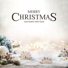 a merry christmas and happy new year greeting card with snowflakes, baubles and ornaments