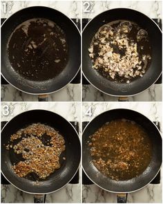 four pictures showing how to cook food in a skillet, including onions and other ingredients