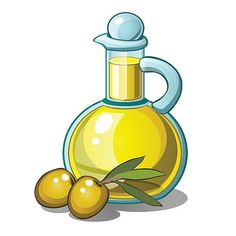 an olive oil bottle and two olives on a white background - food objects characters