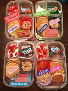 four plastic containers filled with different types of food