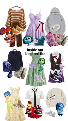 the inside out inspired items are arranged in different styles and colors, including sweaters