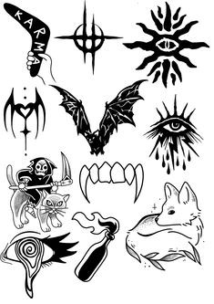 an assortment of tattoo designs on a white background, including the eyes and other symbols