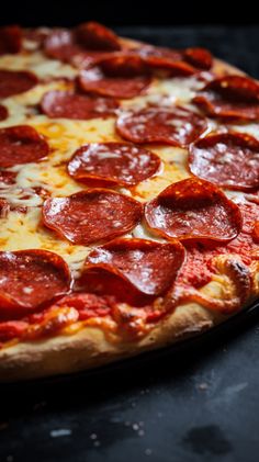 a pepperoni pizza sitting on top of a black table next to a knife and fork