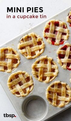 mini pies in a cupcake tin on a baking sheet with text overlay that reads mini pies in a cupcake tin