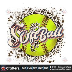 softball ball with the word softball on it and splattered in dirt, as well as