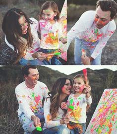 the family is having fun playing with their paint