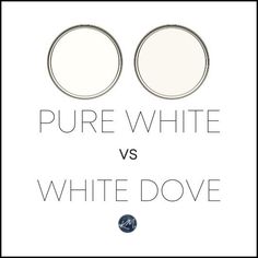 the words pure white and white dove are in front of an image of two circles