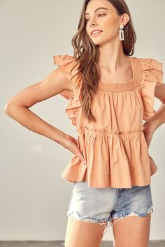 Lovely Apricot Top - Ruffled Sleeve Top - Flowy Top | Boho Pink Casual Ruffled Top With Square Neck, Cotton Smocked Top With Flutter Sleeves For Spring, Cotton Top With Square Neck And Smocked Back, Square Neck Cotton Tops With Ruffles, Cotton Square Neck Top With Smocked Back, Square Neck Smocked Back Summer Top, Summer Tops With Smocked Back And Square Neck, Square Neck Tops With Smocked Back For Summer, Feminine Square Neck Top With Ruffles