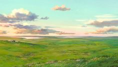 a painting of a grassy field with clouds in the sky