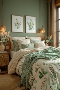 a bedroom with green walls and white bedding, two framed pictures on the wall