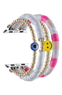 A beaded Apple Watch band brings chic style to your daily outfits. Apple Watch not included Compatible with Series 1–7 Apple Watch and Apple Watch SE Plastic Imported Trendy Adjustable Multicolor Apple Watch Band, Adjustable White Apple Watch Band, Trendy Bracelet Strap Apple Watch Band, Trendy Adjustable Apple Watch Band, Trendy Adjustable Watch Band With Extender, Trendy White Bracelet Strap Apple Watch Band, Trendy Beaded Gold Apple Watch Band, Trendy White Apple Watch Band With Bracelet Strap, Trendy Gold Beaded Apple Watch Band