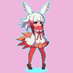 a pixel art style image of an anime character wearing bunny ears and a pink dress