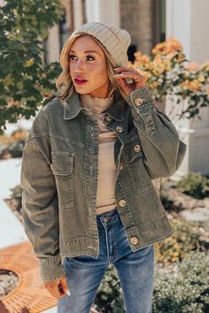 Fact Or Fiction Denim Jacket In Olive – Impressions Online Boutique Fact Or Fiction, Cozy Fall Outfits, Loose Sleeves, Impressions Online Boutique, Comfortable Sweater, Denim Material, Trendy Style, Fall Fashion Trends, Autumn Fashion Women