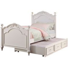 a white bed with drawers underneath it and a pink comforter on top of the bed