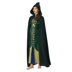 Unleash your inner witch or wizard with our Hooded Halloween Themed Costume Outfits. These high-quality costumes combine style and spookiness to make your Halloween memorable. Whether you're brewing potions or casting spells, you'll look enchanting. Specifications: Movie: Hocus Pocus 2 Package includes: Cloak + Cape Cloak length: 137 Size: One Size Green Winter Costume For Costume Party, Green Cosplay Costume For Halloween, Green Long Sleeve Halloween Costume, Elven Costume For Halloween Cosplay, Black Elven Costume For Halloween, Gothic Costumes For Fantasy Events In Fall, Black Elven Halloween Costume, Green Gothic Costume For Costume Party, Fantasy Cosplay Costume For Winter Costume Party