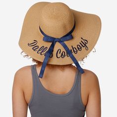 Saddle up for surf, sand, and sun with this Dallas Cowboys Women's Wordmark Beach Straw Hat! Features Sturdy straw construction that makes this a perfect fit for your summer style Embroidered team logo display, in case there were any doubts where your allegiances lie Embroidered, team-colored script wordmark team name display on back brim for a little extra fan flair Team-colored tie band with repeat team logo display around crown for even more team spirit Details Material: Artificial Straw Offi Casual Beach Hats With Embroidered Logo, Casual Beach Hat With Embroidered Logo, Trendy Beach Sun Hat With Letter Print, Trendy Sun Hat With Letter Print For Beach, Curved Brim Hat With Embroidered Logo For Vacation, Trendy Letter Print Sun Hat For The Beach, Summer Wide Brim Hat With Embroidered Logo, Summer Vacation Hats With Embroidered Logo, Summer Hats With Embroidered Logo