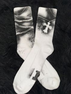 Unisex white crew length socks with an edgy twist! Elevating your average sock game with these made to order, hand painted, chain detailed socks. Be Bold and Elevate your basics! Basic Socks, Sock Game, White Socks, Cool Hats, White Sock, Socks And Hosiery, Black Print, Hosiery, Screen Printing