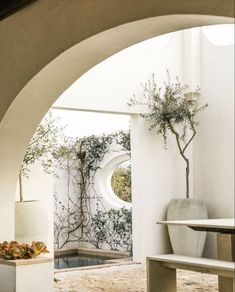 an archway leading into a room with a bench and potted plant