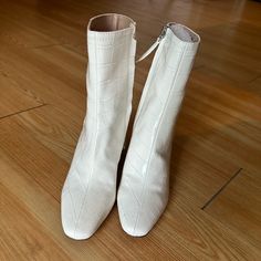 Size 6, Ivory Textured Booties By Steve Madden. Never Worn! Beige Square Toe Boots For Spring, White Fitted Boots With Flat Heel, White Flat Heels For Fall, White Booties With Reinforced Heel For Spring, White Round Toe Booties For Spring, Cream Round Toe Boots For Spring, White Almond Toe Booties For Spring, Chic White Booties, Cream Almond Toe Heels For Fall