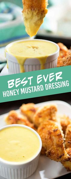 the best ever honey mustard dressing recipe is on a plate with chicken wings and dipping sauce