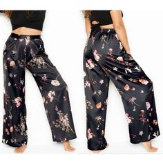 Victoria's Secret Women's Black Floral Satin Wide Leg Palazzo Pants Size Xl Condition: New With Tags These Pants Are Great To Wear In Spring Or Summer With Heels, Sneakers, Or Sandals. Features: - Color: Black/Multi - Size: Xl - Fabric: 100% Polyester - Wide-Leg Palazzo Pants - Loungewear Pants - Silky Satin Texture Fabric - Feminine Floral Pattern - Elastic At Waistband - Front Pleating Laying Flat Measurements: Waist (Across): 16.25" Hips (Across): 22" Inseam: 31.5" Length: 44.75" Features: Wi Floral Print Sleep Bottoms For Spring, Spring Sleep Bottoms With Floral Print, Spring Floral Print Sleep Bottoms, Floral Print Sleep Bottoms For Summer, Pink Wide Leg Sleepwear For Spring, Summer Floral Print Sleep Bottoms, Pink Wide Leg Sleep Bottoms, Black Bottoms For Pajama Party In Summer, Black Bottoms For Summer Pajama Party