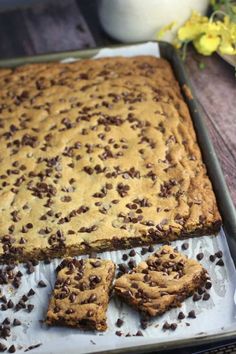 chocolate chip cookie bars sitting on top of a pan