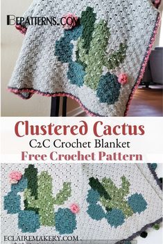 a crocheted cactus blanket is shown with the words clustered cactus on it