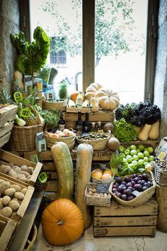 an assortment of fruits and vegetables on display in front of a window with large windows