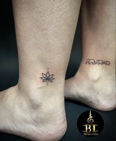 two small tattoos on the legs of people with lotuses and words written in them