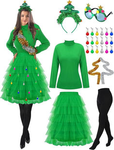 a woman is dressed up in green and has accessories on her head, including a turtle - neck sweater, tulle skirt, black tights, and high heeled boots