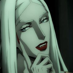 a woman with long white hair and red lips