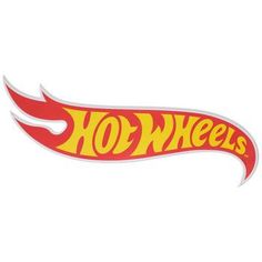 the hot wheels logo is shown in red and yellow with flames coming out of it