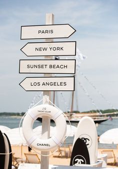 there are many signs on the beach pointing to different places in paris, new york, sunset beach and los angeles