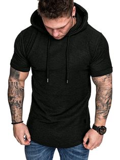 This men's short-sleeved hoodie t-shirt has no trouble becoming a wardrobe favorite. Ideal for athletic and leisurely men, the shirt is lightweight enough to wear anytime, including spring and summer. The hooded feature is a popular add-on and it comes in handy should environmental conditions become unfavorable while you're out and about. In the gym, this is also a favorite as workout wear and is often ordered by men who are quite fond of this simple yet practical design.Additional Product Speci Black Hooded T-shirt For Sports, Hooded Cotton T-shirt For Streetwear, Cotton Hooded T-shirt For Streetwear, Hooded Cotton T-shirt For Sports, Casual Cotton Hooded T-shirt, Sporty Hooded T-shirt For Streetwear, Casual Spring Moisture-wicking T-shirt, Casual Spring T-shirt With Moisture-wicking, Moisture-wicking Cotton Hooded Top