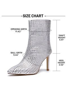 Introducing our Sparkly Rhinestone Ankle Boots - the perfect choice for all your special occasions! These boots are designed to add a touch of glamour to any outfit, making them a must-have for parties, weddings, or even daily wear. With their sparkling rhinestone embellishments, you'll be sure to make a statement wherever you go. Closure Type : Side zipper Size Fit : True To Size Type : Classic Boots Color : Silver Pattern Type : Plain Toe : Point Toe Heel Height : High Heel Heels : Stiletto Details : Rhinestone Boots Height Type : Ankle Boots Style : Glamorous, Fashionable, Sexy Composition : 100% Polyurethane Upper Material : PU Leather Lining Material : Polyester Insole Material : Polyester Outsole Material : Rubber Elegant Fitted Boots With Bling Details, Elegant Fitted Boots With Bling, Glamorous Fitted Boots With Rhinestones, Elegant Winter Heels With Rhinestones, Glamorous Fitted Rhinestone Boots, Glamorous Fitted Bedazzled Boots, Fitted Holiday Heels With Rhinestones, Fitted Boots With Rhinestones For Party, Fitted Rhinestone Boots For Party Season