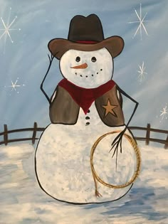 a painting of a snowman wearing a cowboy hat and scarf with a lasso