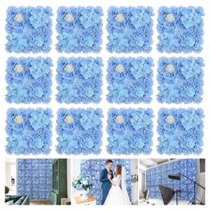 a collage of blue flowers in the shape of hearts and two people standing next to each other