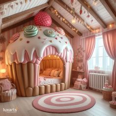 this is a bedroom with a giant bed in the shape of a cupcake house