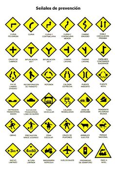 various traffic signs are shown in yellow and black