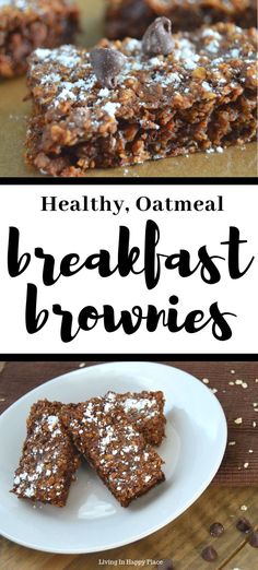 healthy, oatmeal breakfast brownies with chocolate chips and powdered sugar