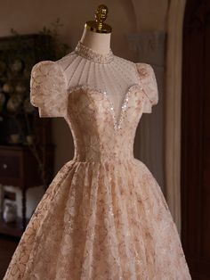 a dress is displayed on a mannequin in an old fashion store display room