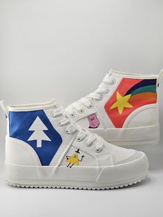 These shoes will be custom Chuck Taylor All-Star High Tops in the Gravity Falls-inspired design. They will be 5 1/2 women.  CUSTOMS- **Designs may vary slightly from the ones pictured due to the fact they are hand-painted and due to the space available on different sizes or shoe types** **Custom shoes will take 5-6 weeks to arrive to you, as I will need to order your size, paint, and ship them** **Orders will arrive in Fandom Designz custom packaging unless otherwise specified. Please message if you would prefer your shoes to come in their original packaging** NO RETURNS OR EXCHANGES ACCEPTED Beads: Truly customize your pair of shoes with a beaded message on the laces (this only applies to shoes with laces, and shoes with enough space for a message).  Add your own personal message of up to Gravity Falls Shoes, Hand Painted Round Toe Canvas Shoes, Hand Painted Canvas Shoes With Round Toe, Hand-painted Canvas Shoes With Round Toe, White Hand Painted Canvas Shoes With Round Toe, Painted Shoes Ideas, Diy Sneakers Designs, Custom Chuck Taylors, Painted Converse