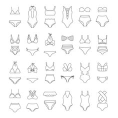 a collection of swimsuits drawn in black and white