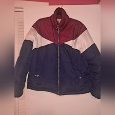 This Jacket Makes Me Think Of Mork Amd Mindy With Its Retro Styling. Burgundy, White And Navy Blue Color Block, Zip Front, Nylon And Amply Filled Puffer Jacket Is Both Lightweight And Extremely Insulating. Excellent, As New Condition With No Visible Flaws. Appears To Have Not Been Worn. Listed As Boys Xl But Could Also Be Unisex. This Is The Largest Of Boys Size But Due To Categories/Sizing Being Unavailable I Must List As Men's Xs. Arizona Jeans, Navy Blue Color, Color Block, Navy Blue, Arizona, Mens Jackets, Puffer, Blue And Purple, Jackets & Coats