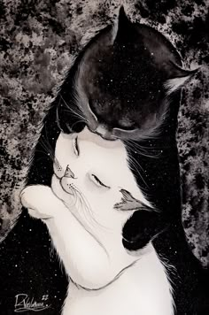 a black and white drawing of two cats hugging each other with stars in the background