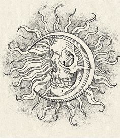 a drawing of a sun with a human face inside the center and an evil looking demon's head in the middle