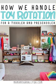 a playroom with toys and other items in it, including a toy storage unit